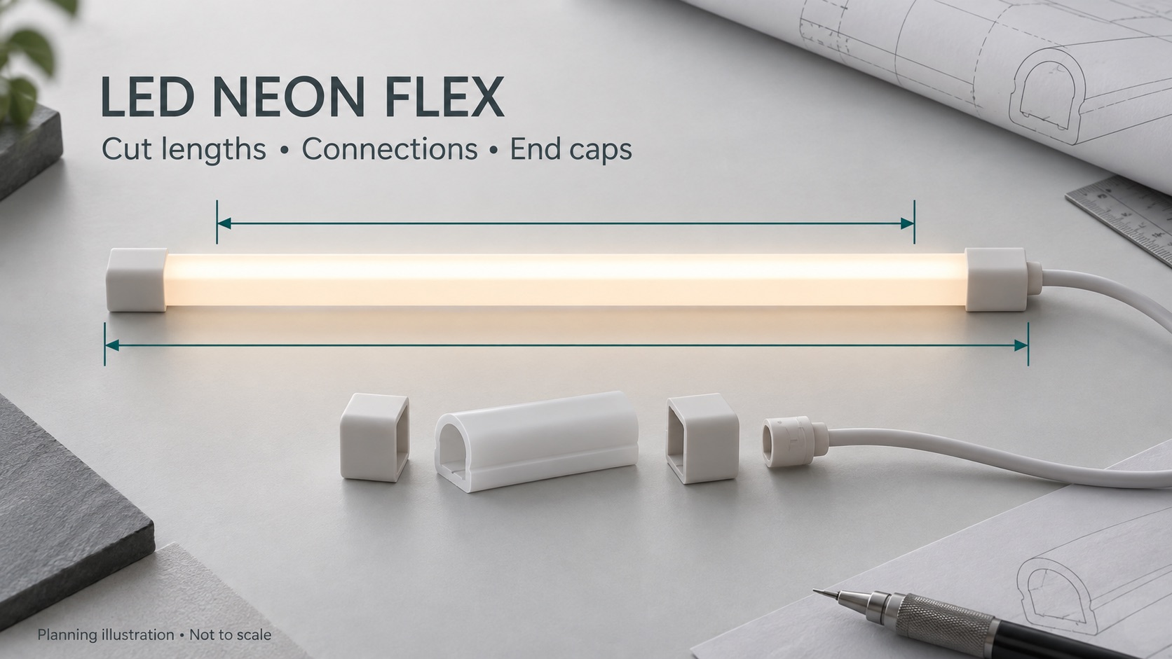 LED neon flex cut length, finished assembly, end caps and cable-exit planning illustration